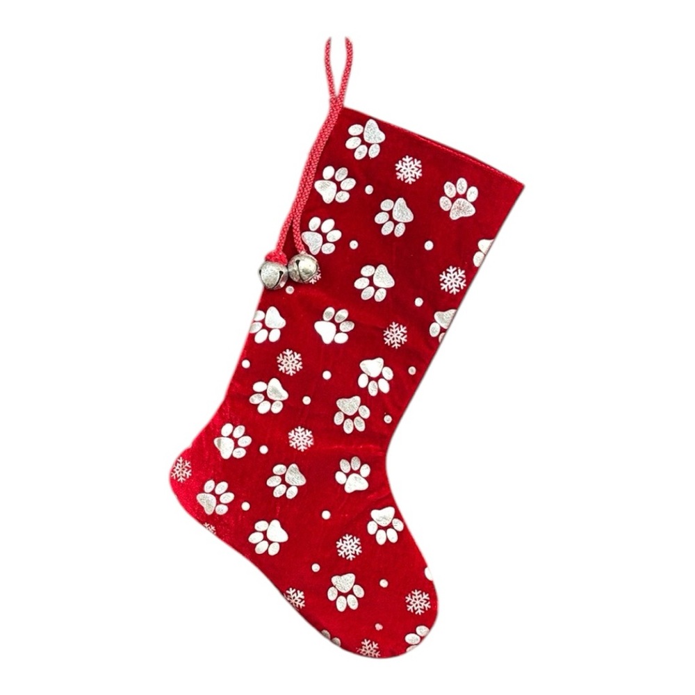 Loving Kindness Pet Stocking Red with Silver Paw Prints and Snowflakes